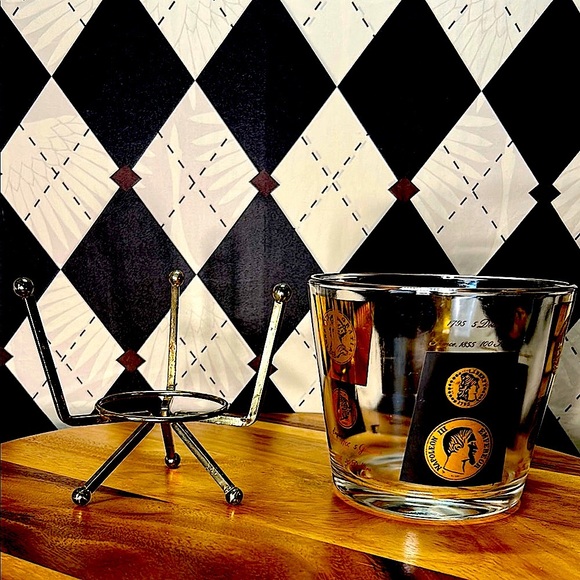 Vintage MCM Cera Glass Ice Bucket with Stand– Gold/Black Coin Design - Picture 6 of 17